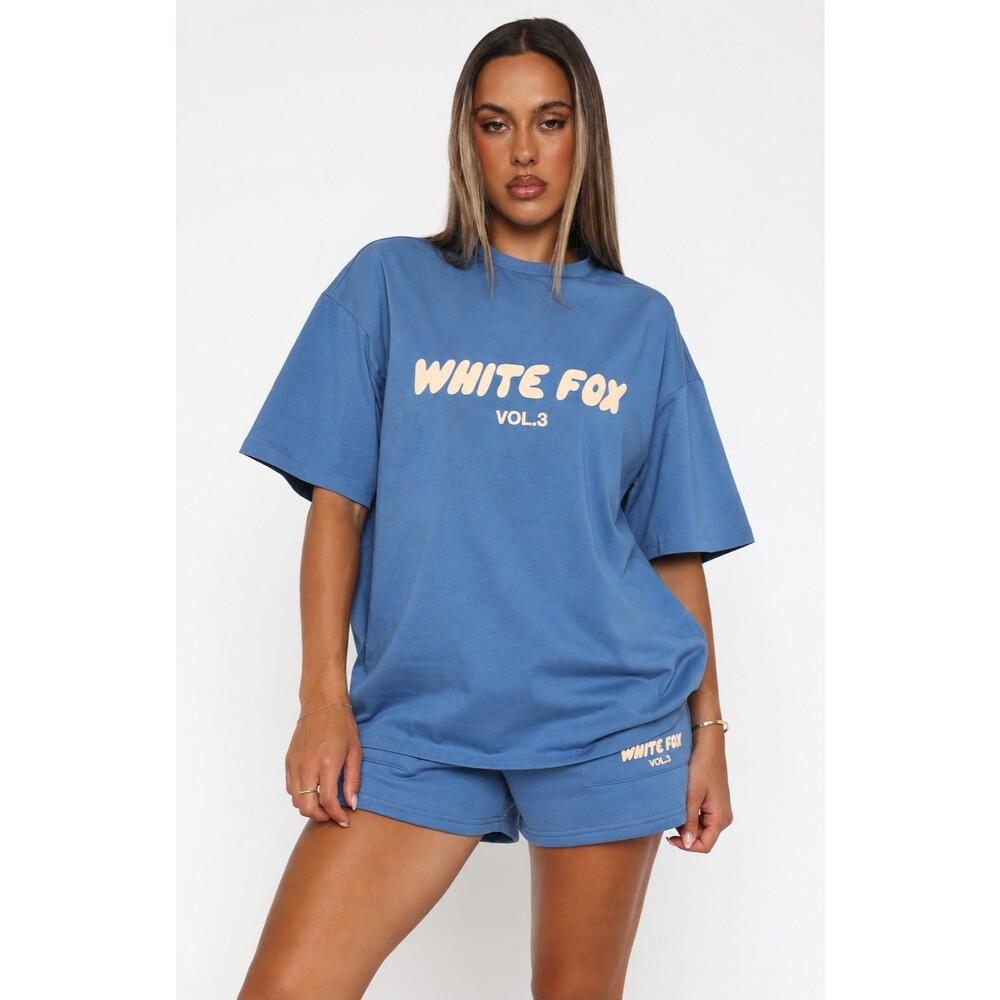 White Fox Boutique Offstage Oversized Tee Azure Blue L/XL Puff Logo SS Shirt